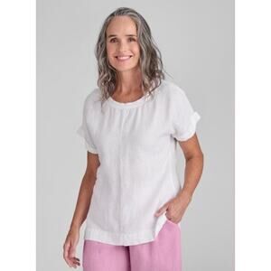 FLAX Coastal Lightweight Boxy Relaxed Neutral Basic Rolled Short Sleeve Top -Med